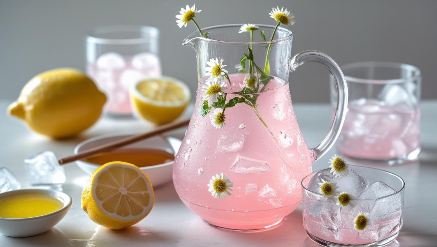 Cornflower Lemonade (Pink Lemonade) and preparatory , fresh lemon juice, honey or agave, ice.