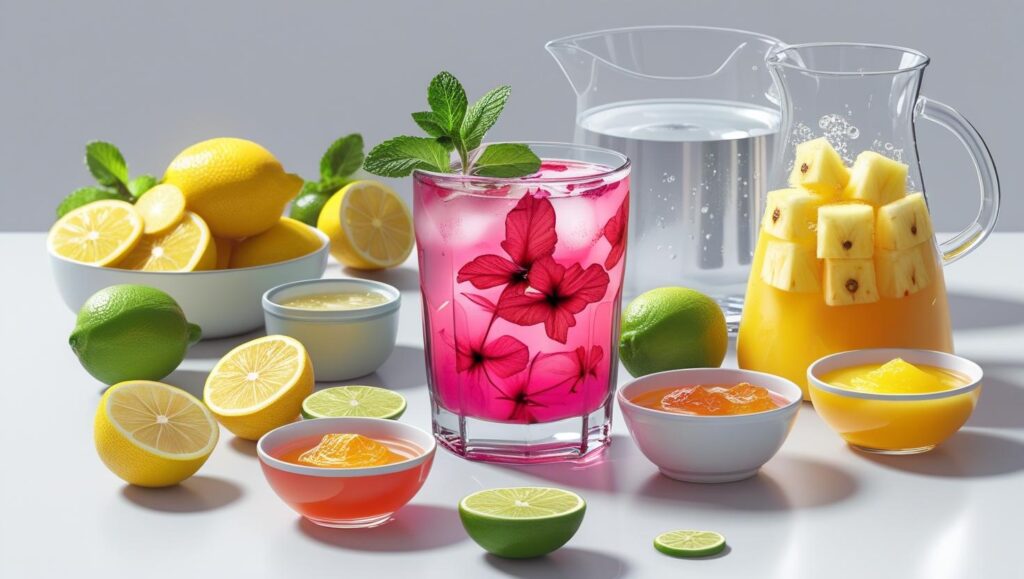 Hibiscus Agua Fresca and preparatory items lemon or lime juice, fresh Mint , honey, water, pineapple and orange juice (1) Hibiscus Agua Fresca and preparatory items lemon or lime juice, fresh Mint , honey, water, pineapple and orange juice (1)