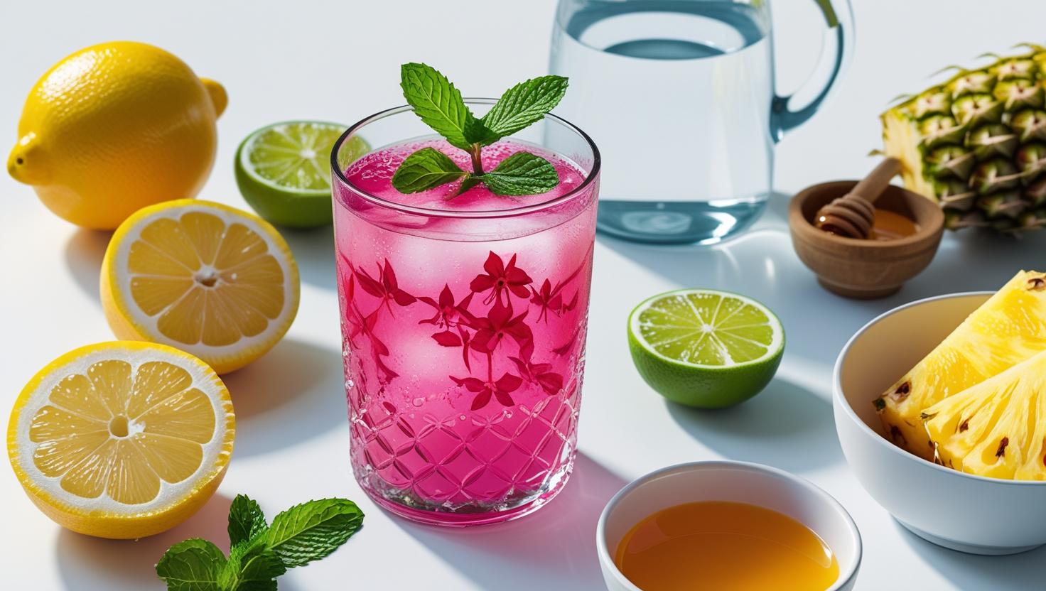 Hibiscus Agua Fresca and preparatory items lemon or lime juice, fresh Mint , honey, water, pineapple and orange juice