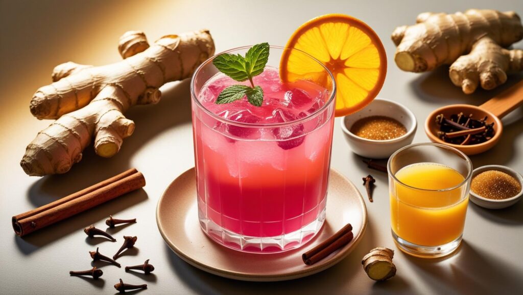 Hibiscus Ginger Punch and preparatory items granted ginger, cloves, cinnamon stick, orange juice, sweetener to taste (1) Hibiscus Ginger Punch and preparatory items granted ginger, cloves, cinnamon stick, orange juice, sweetener to taste (1)