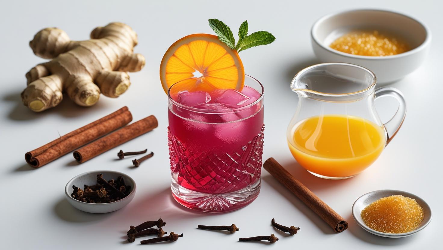 Hibiscus Ginger Punch and preparatory items granted ginger, cloves, cinnamon stick, orange juice, sweetener to taste