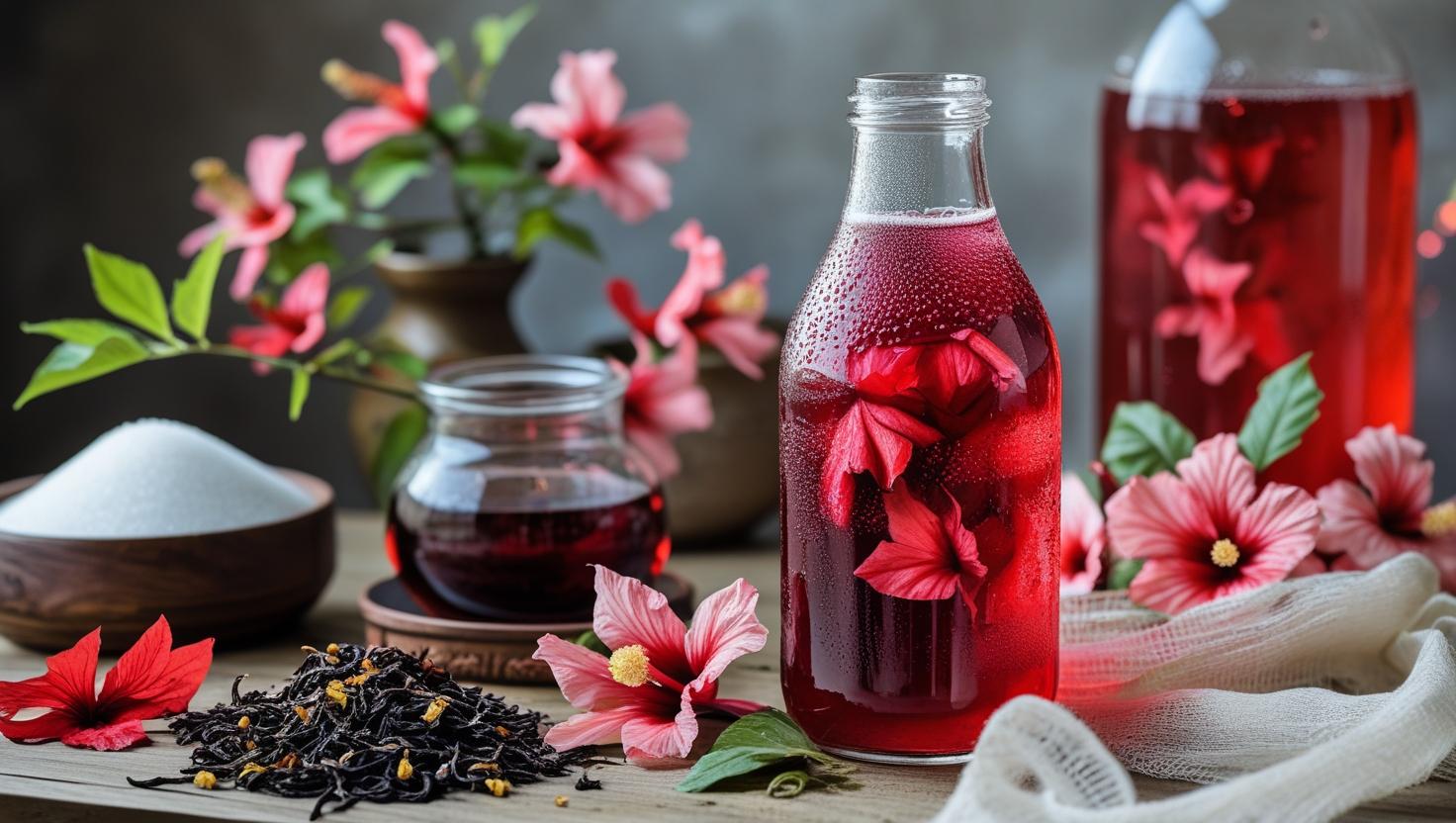 Hibiscus Kombucha (Home Brew) picture with preparatory items