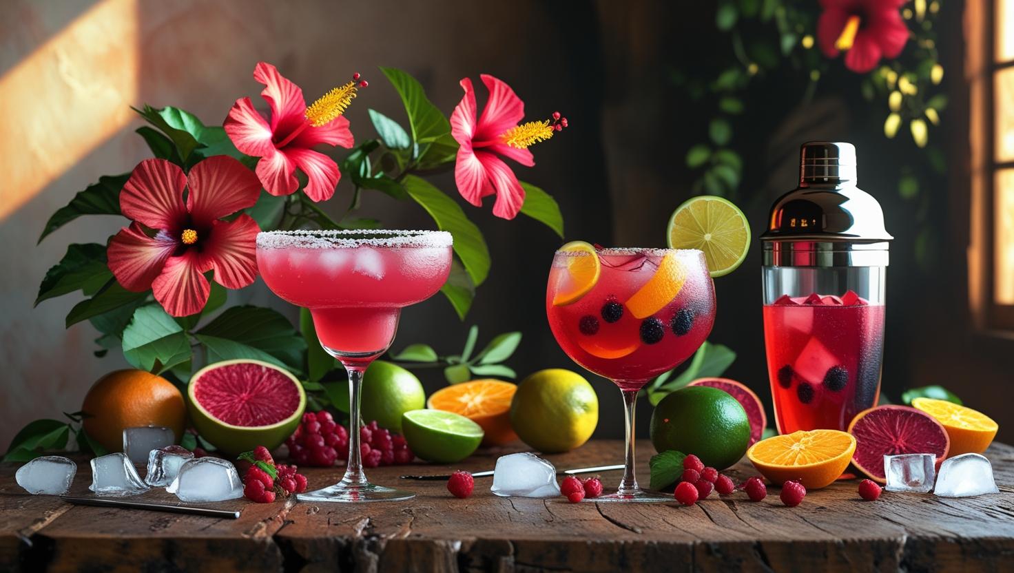 Hibiscus Margarita _ Sangria (non-alcoholic or with wine) and preparatory items