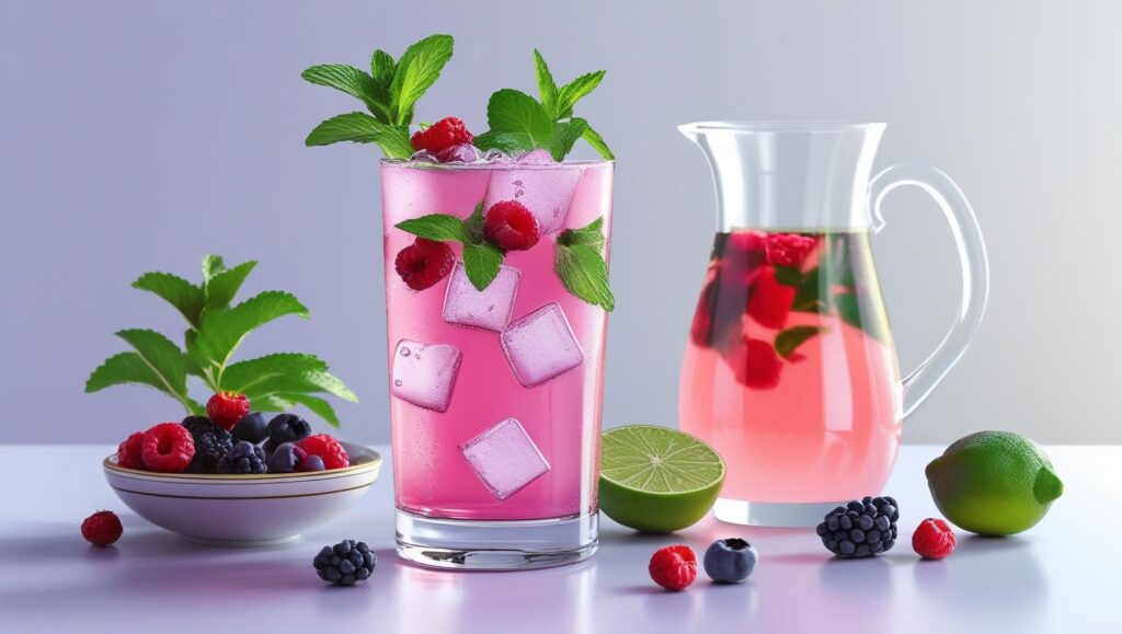 Hibiscus Mocktail Spritzer and preparatory items lemon or lime juice, Mint leaves, berries for garnish, hot water, ice cubes (1) Hibiscus Mocktail Spritzer and preparatory items lemon or lime juice, Mint leaves, berries for garnish, hot water, ice cubes (1)