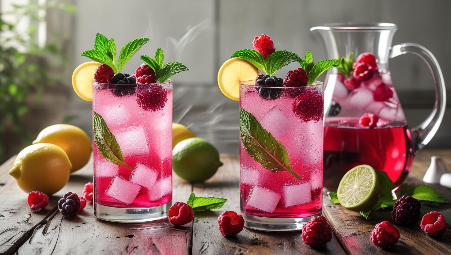 Hibiscus Mocktail Spritzer and preparatory items lemon or lime juice, Mint leaves, berries for garnish, hot water, ice cubes