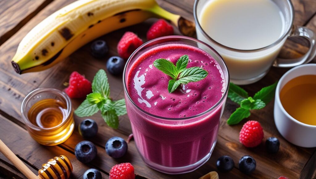 Hibiscus Smoothie and preparatory items banana, mixed berries, plant milk, honey, hot water (1) Hibiscus Smoothie and preparatory items banana, mixed berries, plant milk, honey, hot water (1)