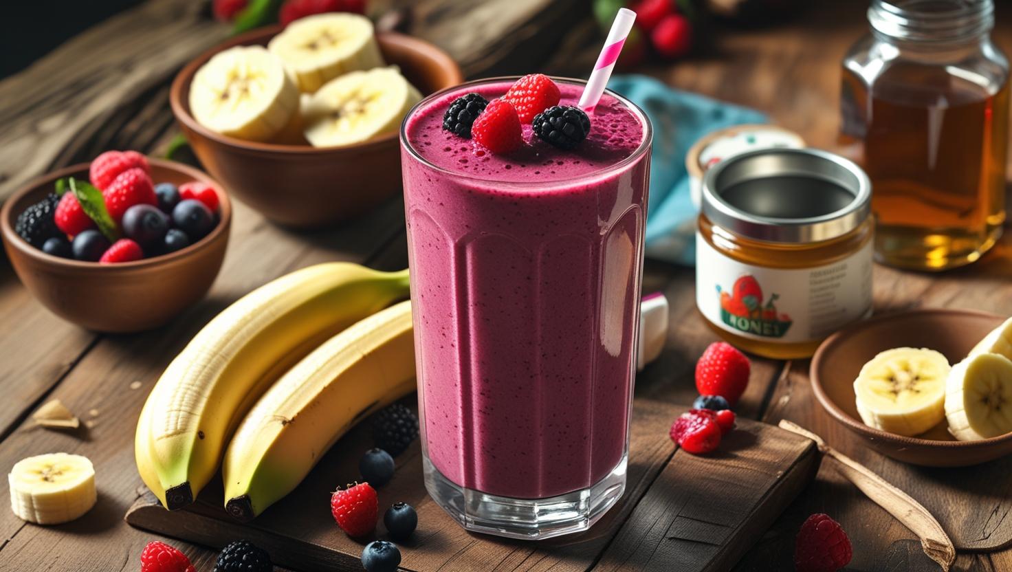 Hibiscus Smoothie and preparatory items banana, mixed berries, plant milk, honey, hot water