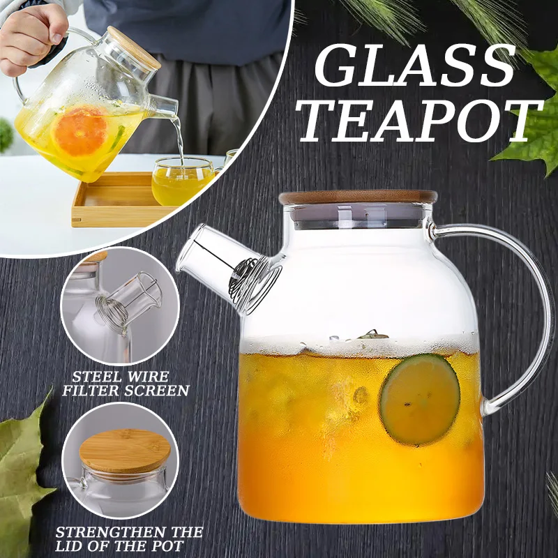 Transparent Borosilicate Glass Teapot - Heat Resistant 1.8/1L Wooden Cover Teapot with Removable Filter - Image 2