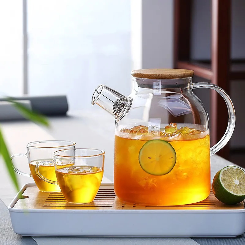 Transparent Borosilicate Glass Teapot - Heat Resistant 1.8/1L Wooden Cover Teapot with Removable Filter