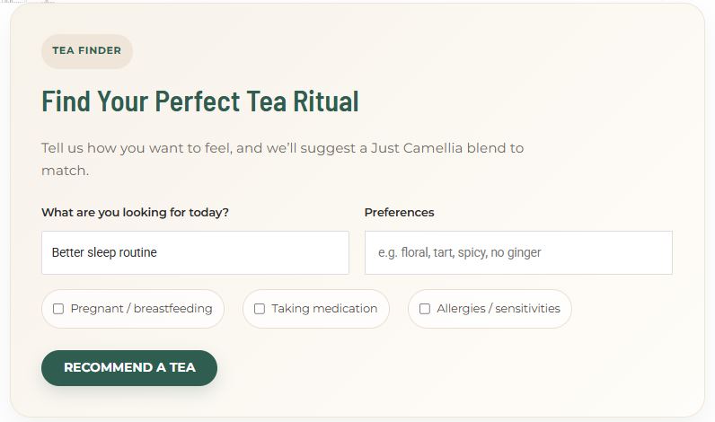 Just Camellia Tea Finder UI